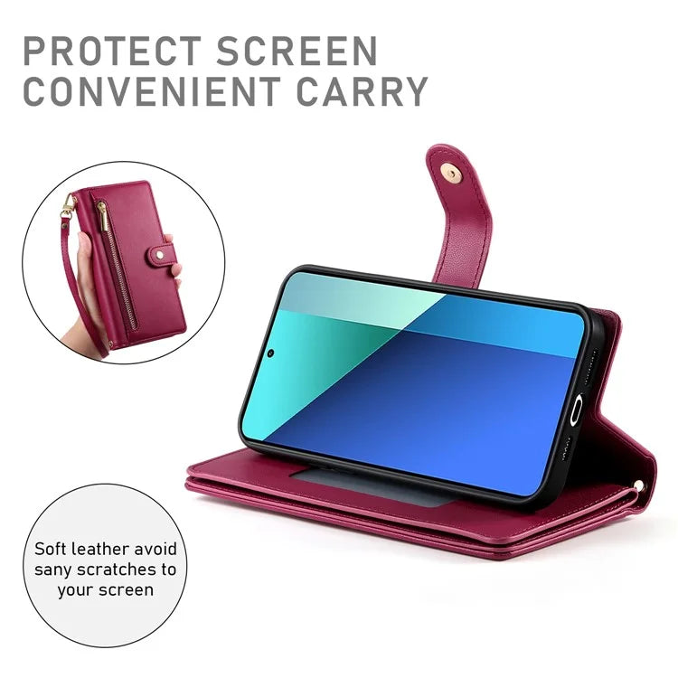 DF-011 For Xiaomi Redmi Note 13 4G Leather Case Zipper Phone Cover with Hand Strap / Shoulder Strap