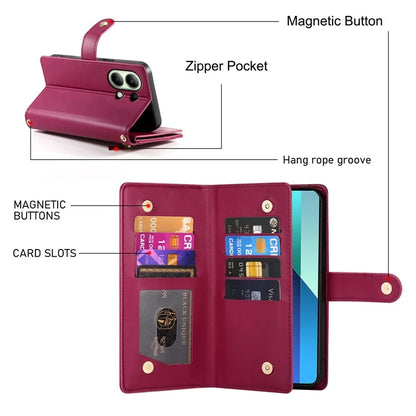 DF-011 For Xiaomi Redmi Note 13 4G Leather Case Zipper Phone Cover with Hand Strap / Shoulder Strap