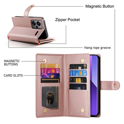 DF-011 For Xiaomi Redmi Note 13 Pro+ 5G Case Zipper Wallet Leather Phone Cover Stand View