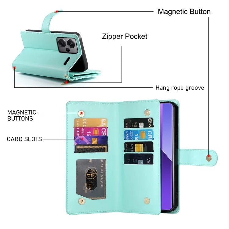 DF-011 For Xiaomi Redmi Note 13 Pro+ 5G Case Zipper Wallet Leather Phone Cover Stand View