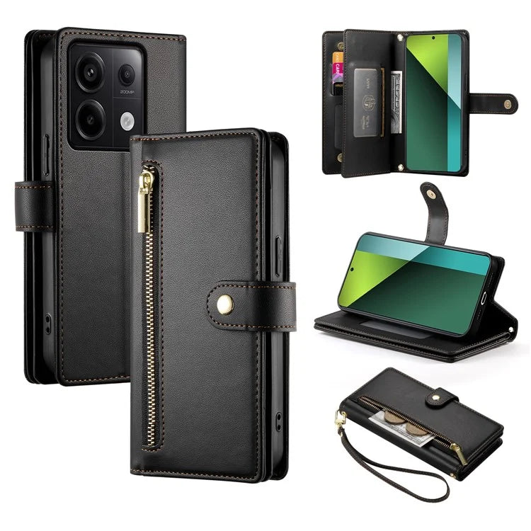 DF-011 For Xiaomi Poco X6 5G / Redmi Note 13 Pro 5G Case PU Leather Zipper Pocket Cover with Straps