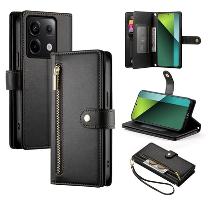 DF-011 For Xiaomi Poco X6 5G / Redmi Note 13 Pro 5G Case PU Leather Zipper Pocket Cover with Straps