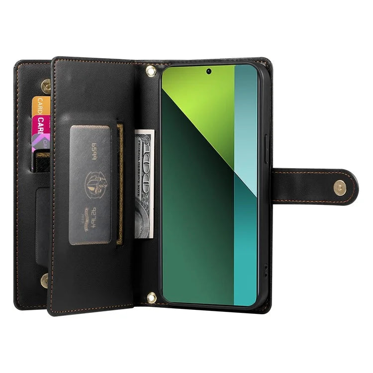 DF-011 For Xiaomi Poco X6 5G / Redmi Note 13 Pro 5G Case PU Leather Zipper Pocket Cover with Straps