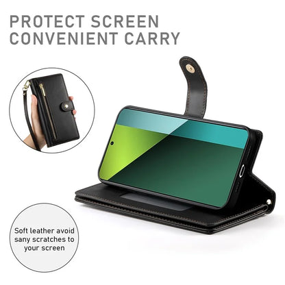 DF-011 For Xiaomi Poco X6 5G / Redmi Note 13 Pro 5G Case PU Leather Zipper Pocket Cover with Straps