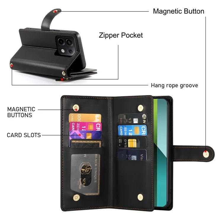 DF-011 For Xiaomi Poco X6 5G / Redmi Note 13 Pro 5G Case PU Leather Zipper Pocket Cover with Straps