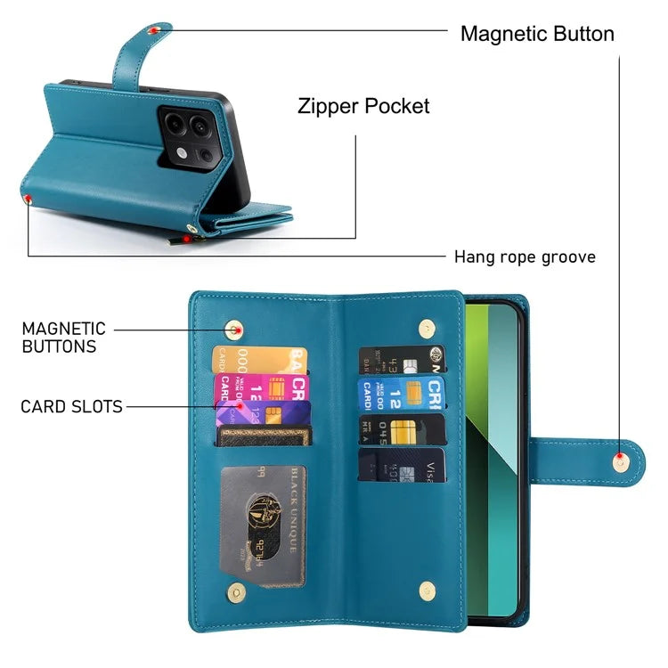 DF-011 For Xiaomi Poco X6 5G / Redmi Note 13 Pro 5G Case PU Leather Zipper Pocket Cover with Straps