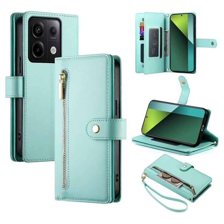 DF-011 For Xiaomi Poco X6 5G / Redmi Note 13 Pro 5G Case PU Leather Zipper Pocket Cover with Straps