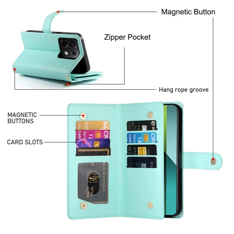 DF-011 For Xiaomi Poco X6 5G / Redmi Note 13 Pro 5G Case PU Leather Zipper Pocket Cover with Straps