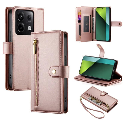 DF-011 For Xiaomi Poco X6 5G / Redmi Note 13 Pro 5G Case PU Leather Zipper Pocket Cover with Straps