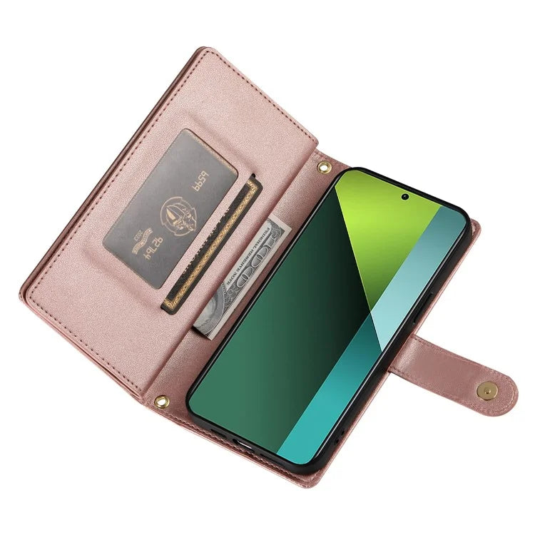 DF-011 For Xiaomi Poco X6 5G / Redmi Note 13 Pro 5G Case PU Leather Zipper Pocket Cover with Straps