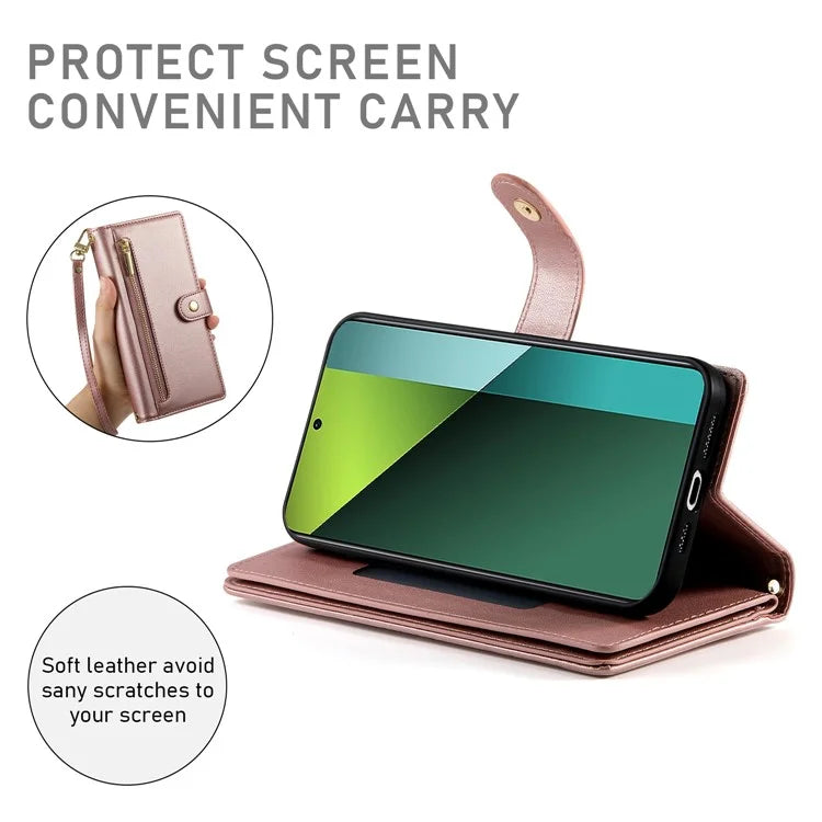 DF-011 For Xiaomi Poco X6 5G / Redmi Note 13 Pro 5G Case PU Leather Zipper Pocket Cover with Straps