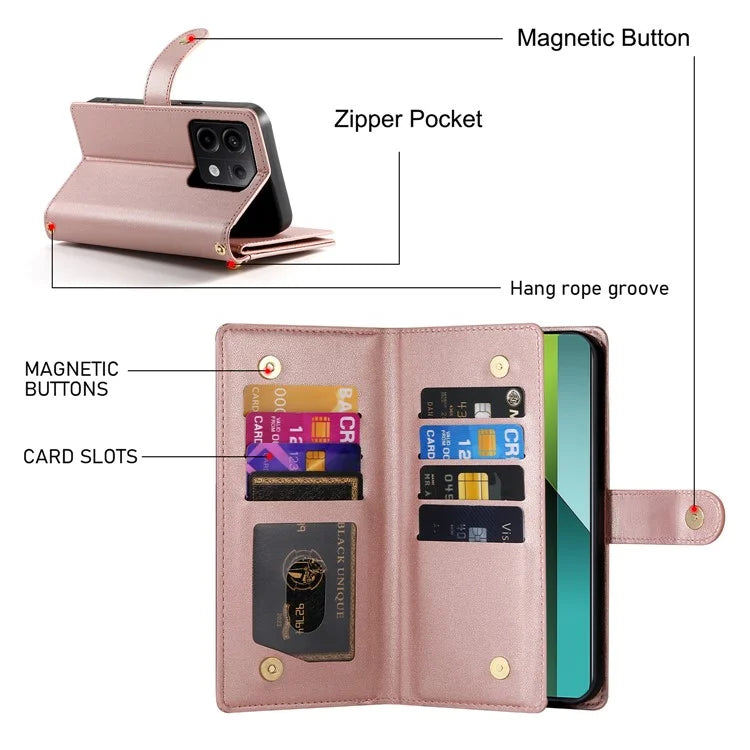 DF-011 For Xiaomi Poco X6 5G / Redmi Note 13 Pro 5G Case PU Leather Zipper Pocket Cover with Straps