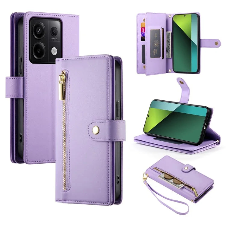 DF-011 For Xiaomi Poco X6 5G / Redmi Note 13 Pro 5G Case PU Leather Zipper Pocket Cover with Straps