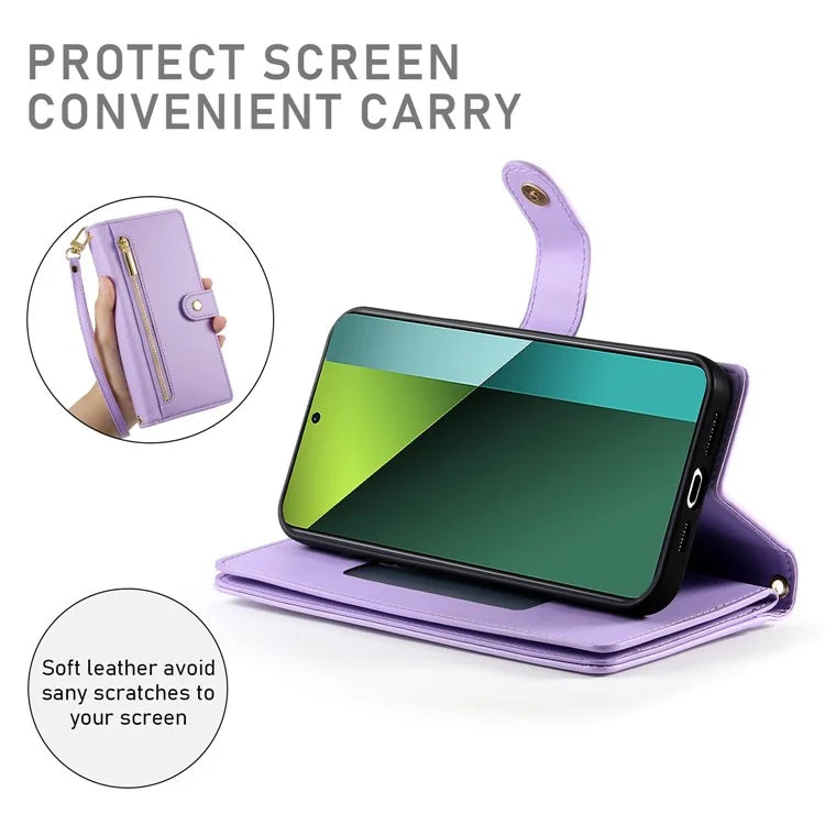 DF-011 For Xiaomi Poco X6 5G / Redmi Note 13 Pro 5G Case PU Leather Zipper Pocket Cover with Straps