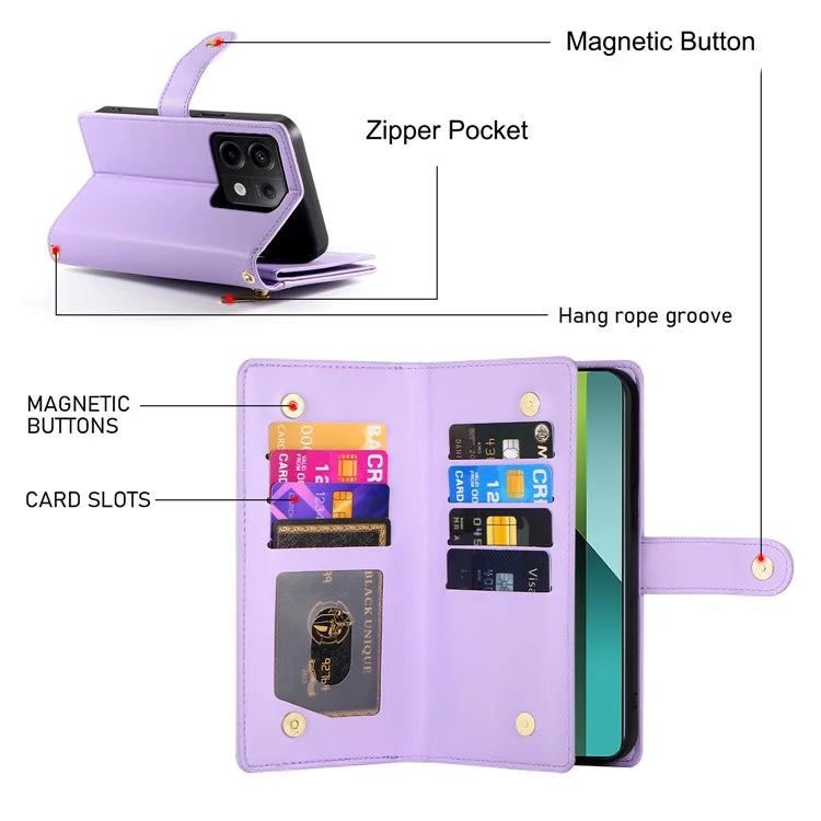 DF-011 For Xiaomi Poco X6 5G / Redmi Note 13 Pro 5G Case PU Leather Zipper Pocket Cover with Straps