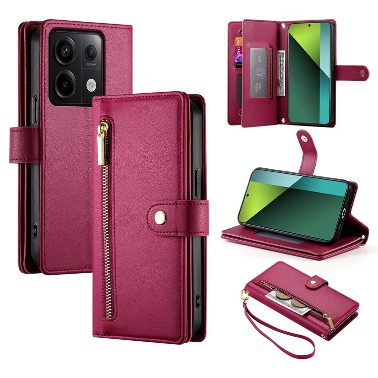 DF-011 For Xiaomi Poco X6 5G / Redmi Note 13 Pro 5G Case PU Leather Zipper Pocket Cover with Straps