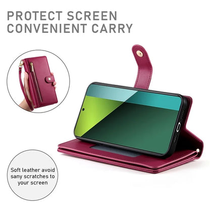 DF-011 For Xiaomi Poco X6 5G / Redmi Note 13 Pro 5G Case PU Leather Zipper Pocket Cover with Straps