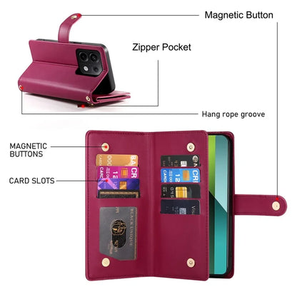 DF-011 For Xiaomi Poco X6 5G / Redmi Note 13 Pro 5G Case PU Leather Zipper Pocket Cover with Straps