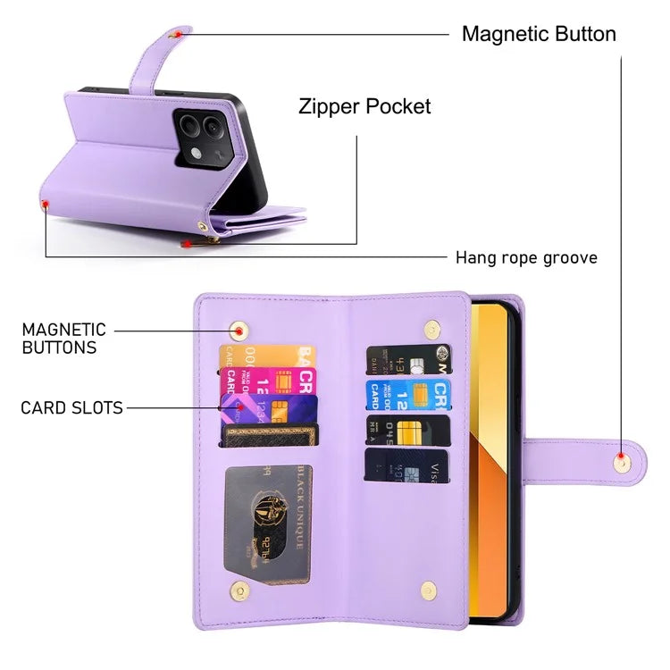 DF-011 For Xiaomi Redmi Note 13 5G Case Zipper Wallet Crossbody Leather Phone Cover