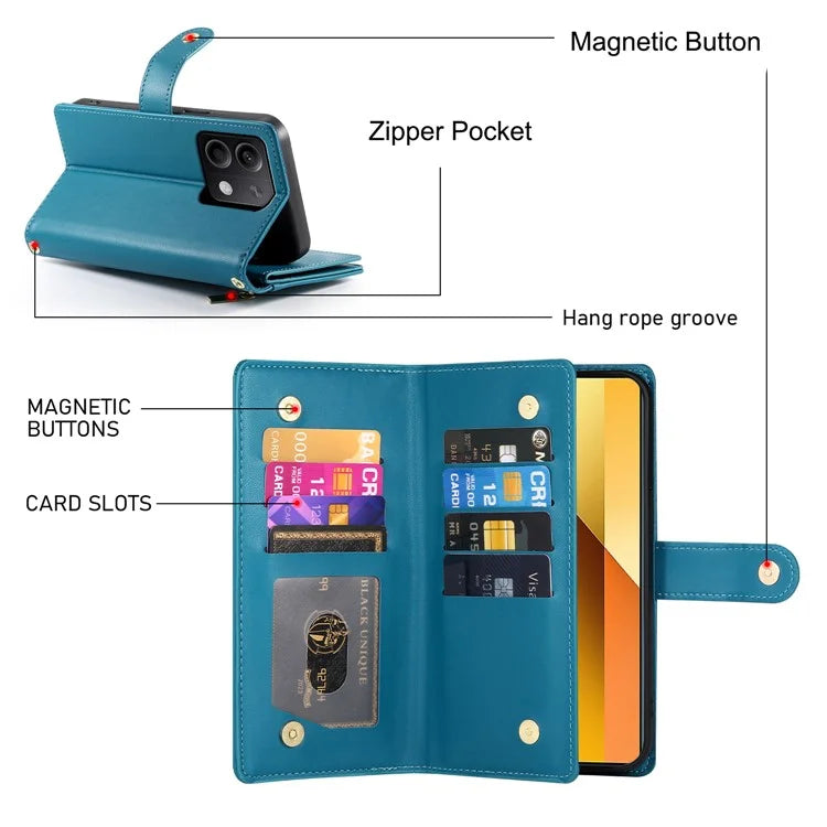 DF-011 For Xiaomi Redmi Note 13 5G Case Zipper Wallet Crossbody Leather Phone Cover
