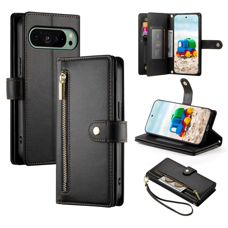 DF-011 For Google Pixel 9 / Pixel 9 Pro Case Multiple Card Slots Zipper PU Leather Phone Cover