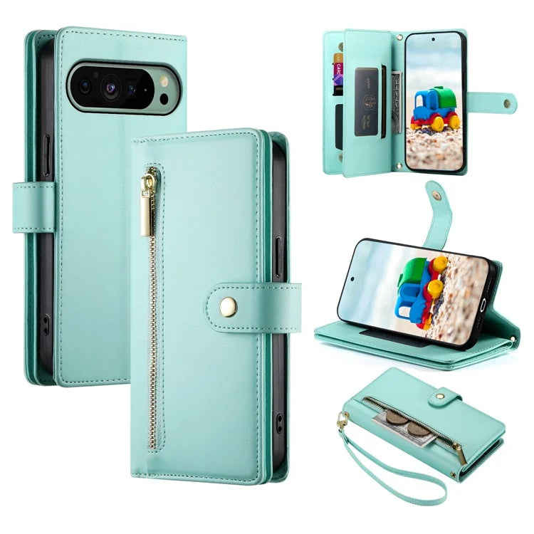 DF-011 For Google Pixel 9 / Pixel 9 Pro Case Multiple Card Slots Zipper PU Leather Phone Cover