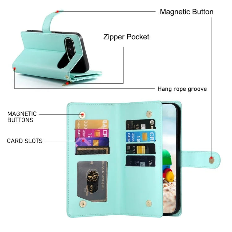 DF-011 For Google Pixel 9 / Pixel 9 Pro Case Multiple Card Slots Zipper PU Leather Phone Cover