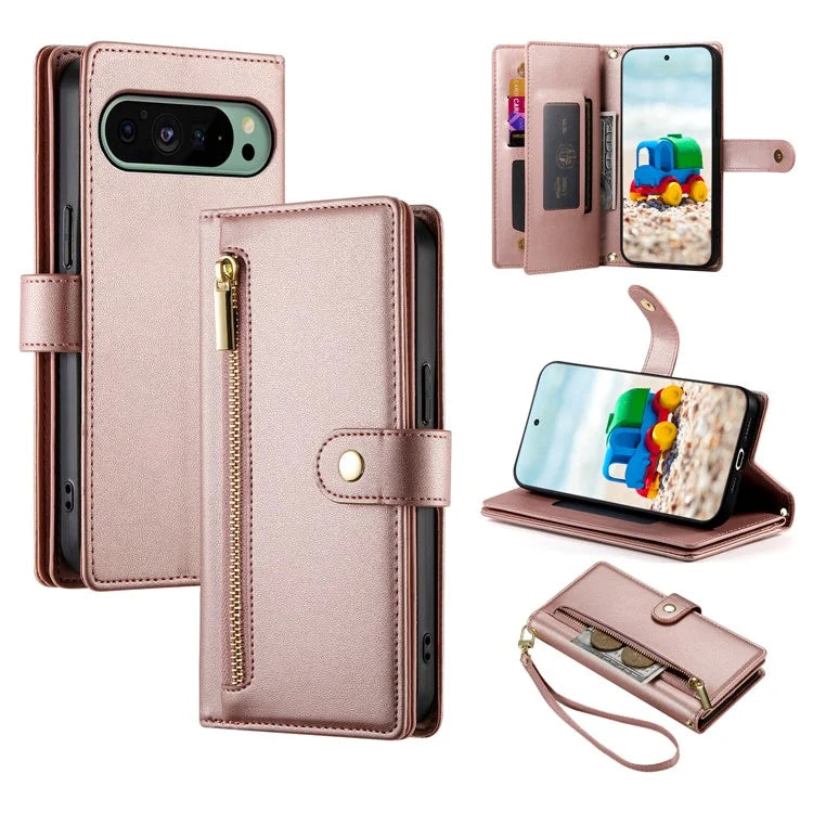 DF-011 For Google Pixel 9 / Pixel 9 Pro Case Multiple Card Slots Zipper PU Leather Phone Cover