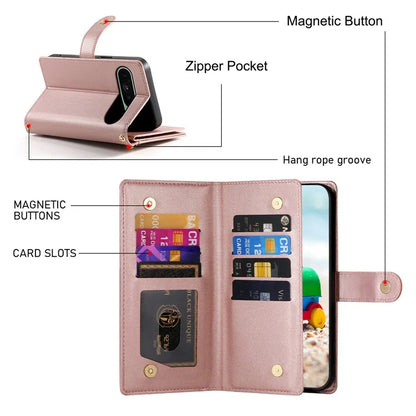 DF-011 For Google Pixel 9 / Pixel 9 Pro Case Multiple Card Slots Zipper PU Leather Phone Cover