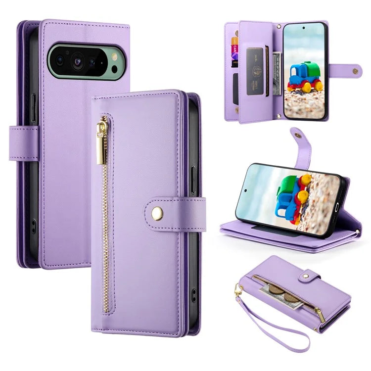 DF-011 For Google Pixel 9 / Pixel 9 Pro Case Multiple Card Slots Zipper PU Leather Phone Cover