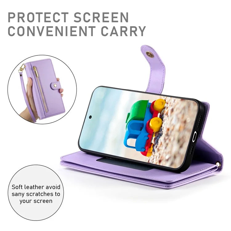 DF-011 For Google Pixel 9 / Pixel 9 Pro Case Multiple Card Slots Zipper PU Leather Phone Cover