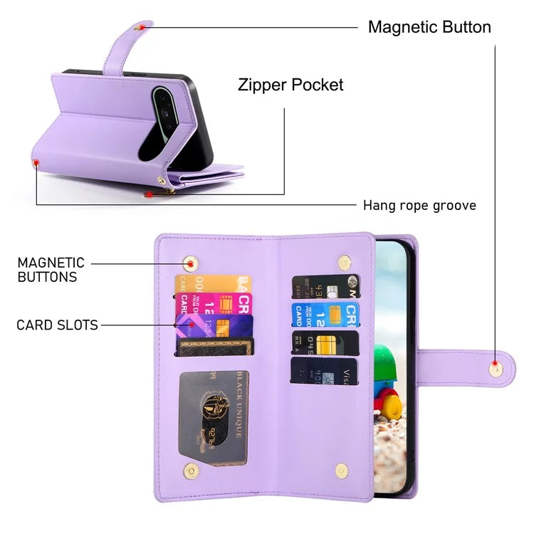 DF-011 For Google Pixel 9 / Pixel 9 Pro Case Multiple Card Slots Zipper PU Leather Phone Cover