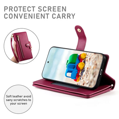 DF-011 For Google Pixel 9 / Pixel 9 Pro Case Multiple Card Slots Zipper PU Leather Phone Cover