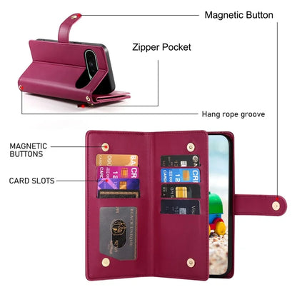 DF-011 For Google Pixel 9 / Pixel 9 Pro Case Multiple Card Slots Zipper PU Leather Phone Cover