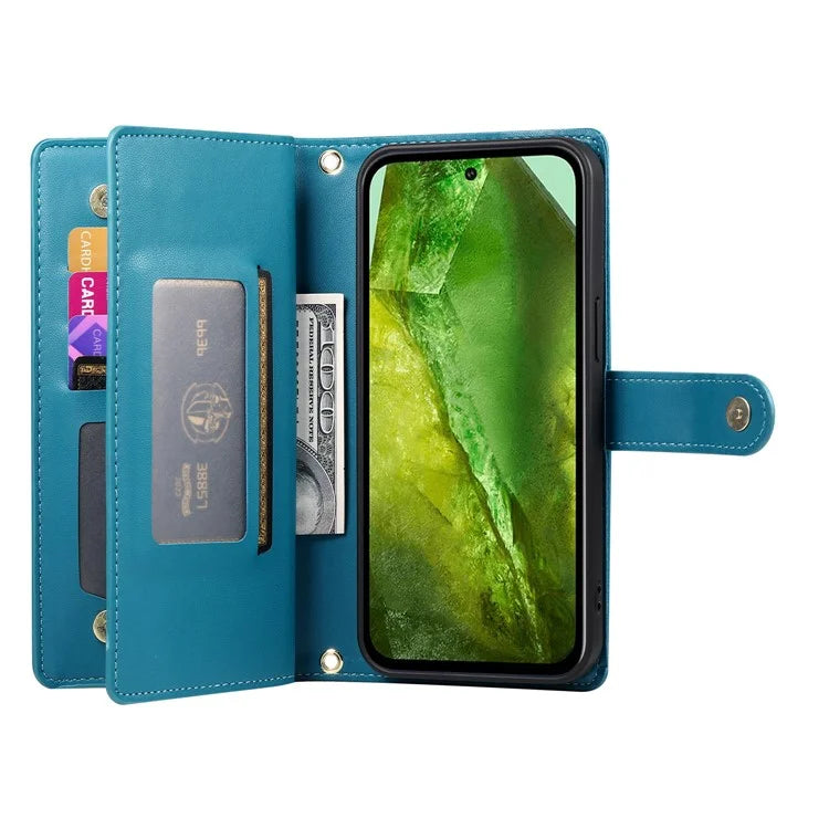 DF-011 For Google Pixel 8a Case Zipper Pocket Stand Leather Phone Cover with Shoulder Strap