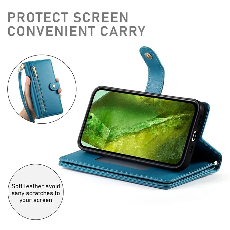 DF-011 For Google Pixel 8a Case Zipper Pocket Stand Leather Phone Cover with Shoulder Strap