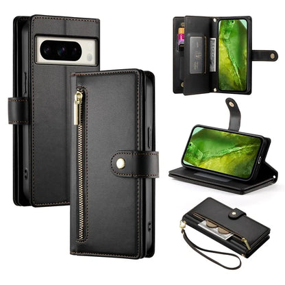 DF-011 For Google Pixel 8a Case Zipper Pocket Stand Leather Phone Cover with Shoulder Strap