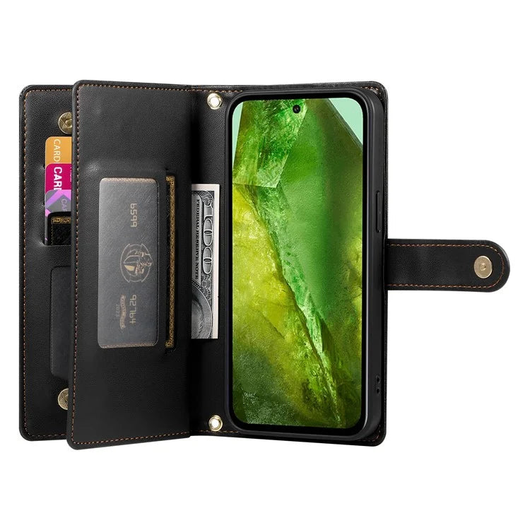 DF-011 For Google Pixel 8a Case Zipper Pocket Stand Leather Phone Cover with Shoulder Strap