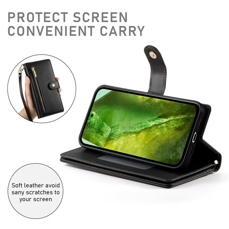 DF-011 For Google Pixel 8a Case Zipper Pocket Stand Leather Phone Cover with Shoulder Strap