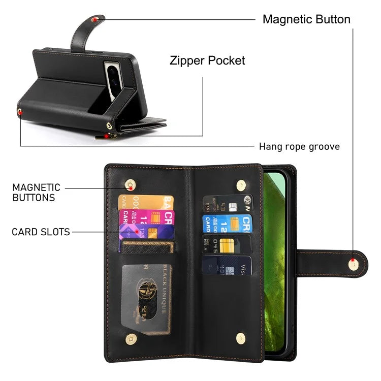 DF-011 For Google Pixel 8a Case Zipper Pocket Stand Leather Phone Cover with Shoulder Strap