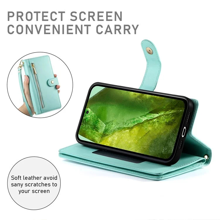 DF-011 For Google Pixel 8a Case Zipper Pocket Stand Leather Phone Cover with Shoulder Strap
