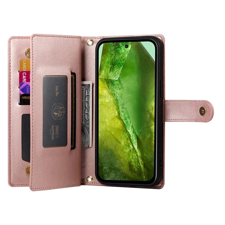 DF-011 For Google Pixel 8a Case Zipper Pocket Stand Leather Phone Cover with Shoulder Strap