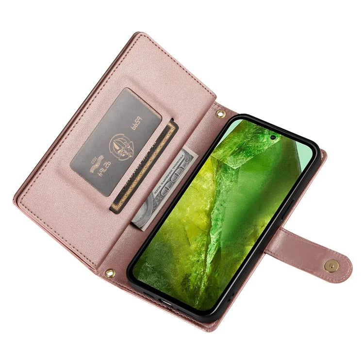 DF-011 For Google Pixel 8a Case Zipper Pocket Stand Leather Phone Cover with Shoulder Strap