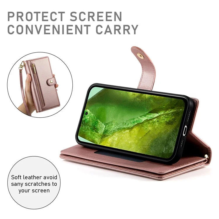 DF-011 For Google Pixel 8a Case Zipper Pocket Stand Leather Phone Cover with Shoulder Strap