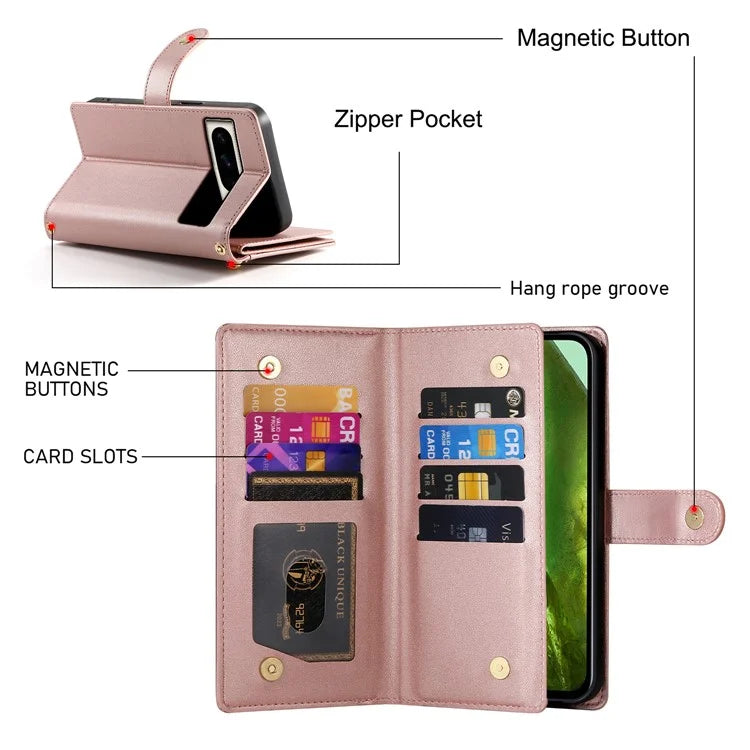 DF-011 For Google Pixel 8a Case Zipper Pocket Stand Leather Phone Cover with Shoulder Strap
