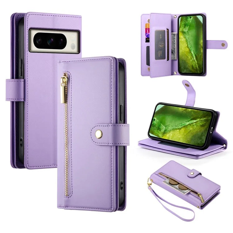 DF-011 For Google Pixel 8a Case Zipper Pocket Stand Leather Phone Cover with Shoulder Strap