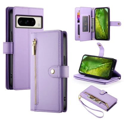 DF-011 For Google Pixel 8a Case Zipper Pocket Stand Leather Phone Cover with Shoulder Strap