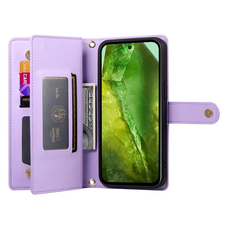 DF-011 For Google Pixel 8a Case Zipper Pocket Stand Leather Phone Cover with Shoulder Strap