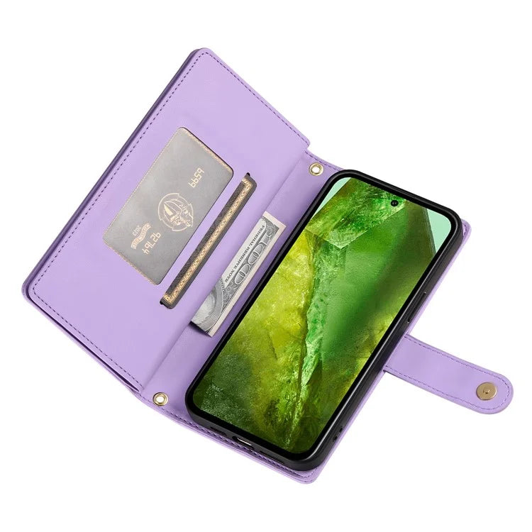 DF-011 For Google Pixel 8a Case Zipper Pocket Stand Leather Phone Cover with Shoulder Strap