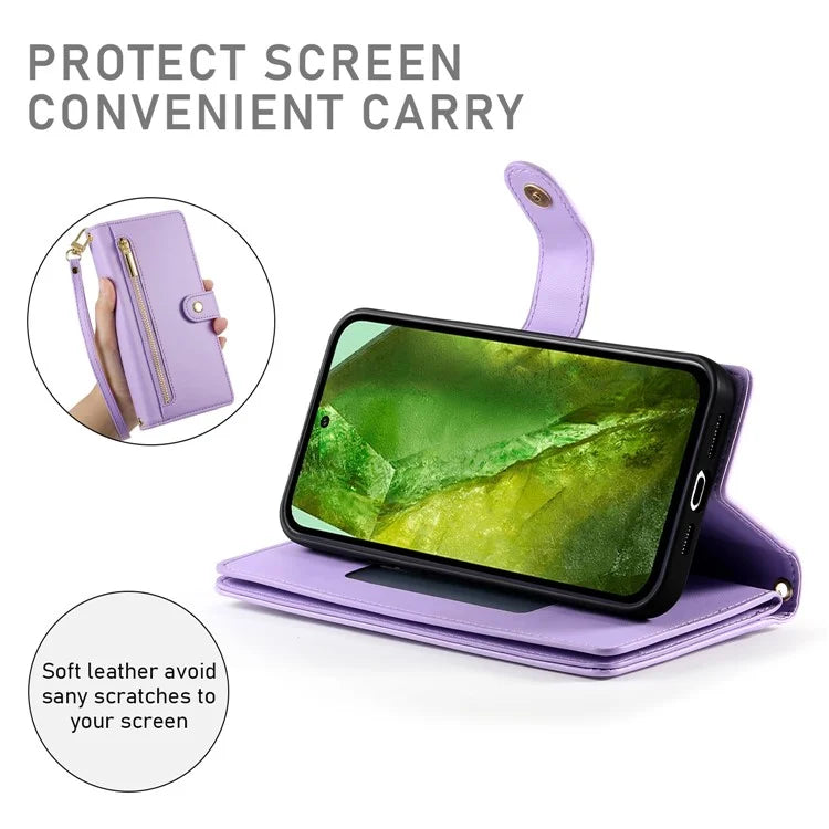 DF-011 For Google Pixel 8a Case Zipper Pocket Stand Leather Phone Cover with Shoulder Strap